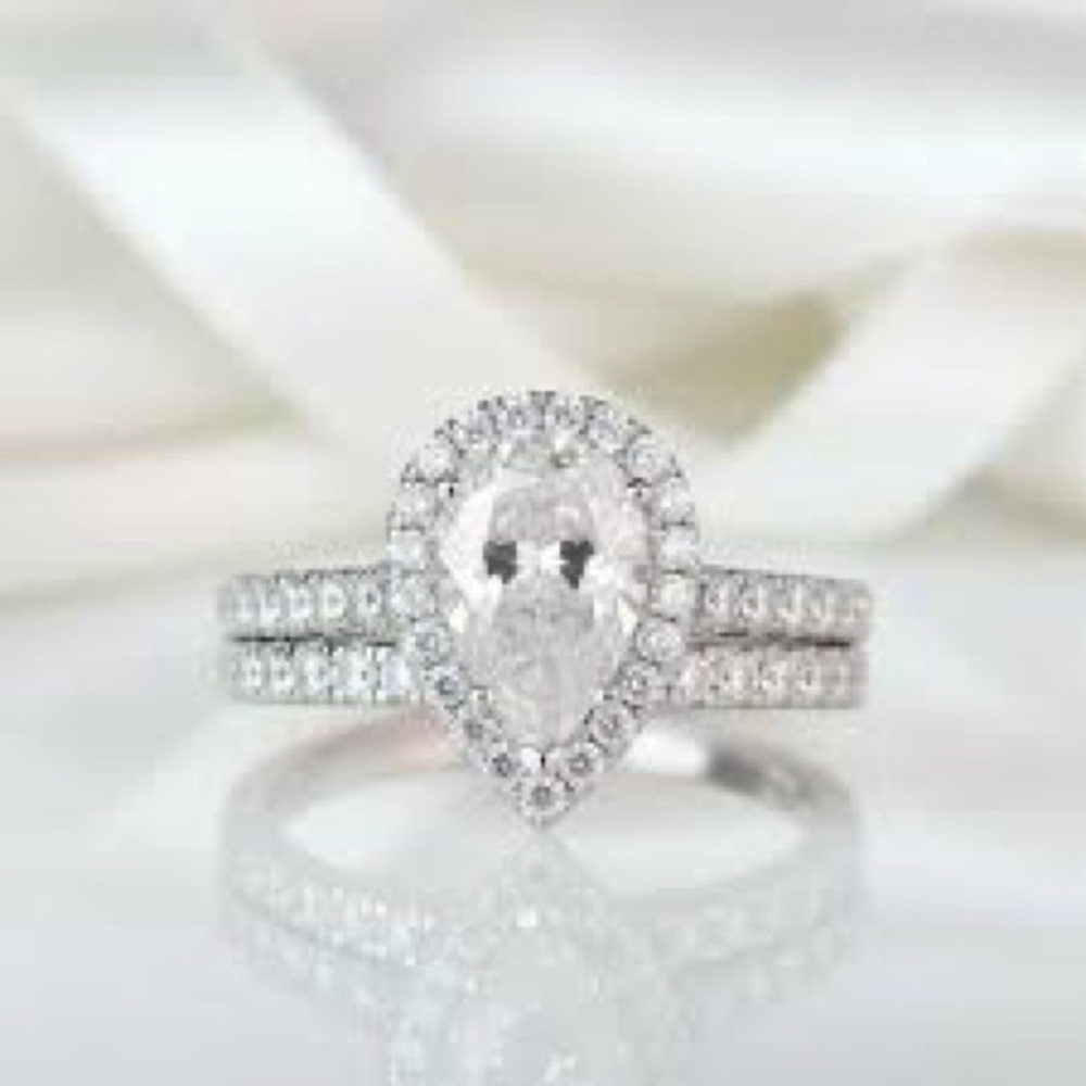 Stamped Silver Diamond Tear Drop Ring Size 5.5